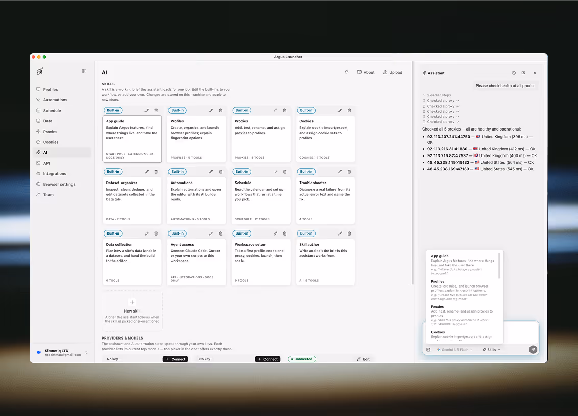 The AI tab's skill library: twelve built-in cards — app guide, profiles, proxies, cookies, dataset organizer, automations, schedule, troubleshooter, data collection, agent access, workspace setup and skill author — each with a one-line description and the count of tools it opens, plus a New skill tile. A Providers and models section begins below. The assistant is open at the right with a skill picker showing example requests.