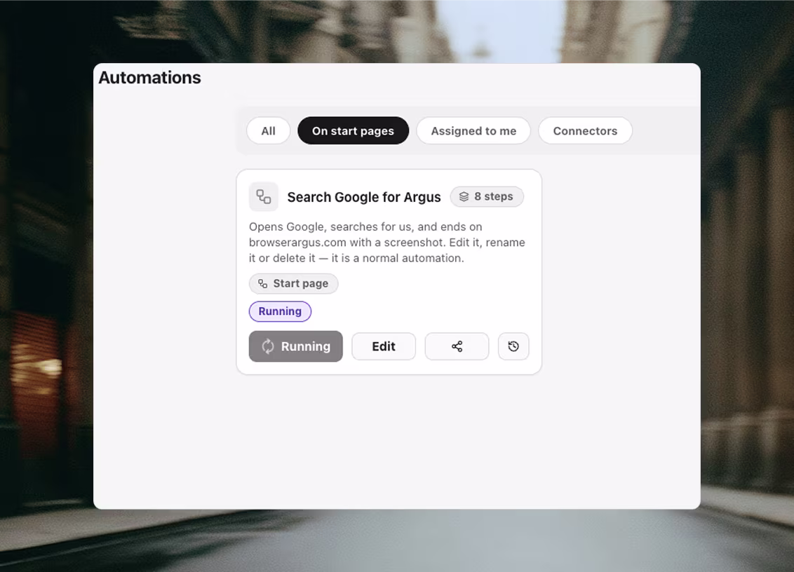 The automations tab filtered to On start pages: an eight-step automation card tagged Start page, currently running, with edit, share and run-history controls.