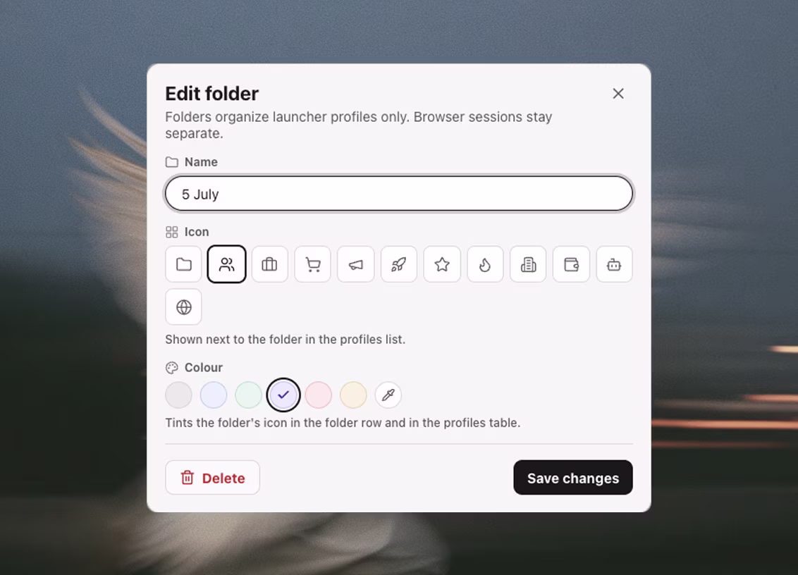 The edit-folder dialog with a name field, icon and colour pickers, and the note that folders organize launcher profiles only while browser sessions stay separate.