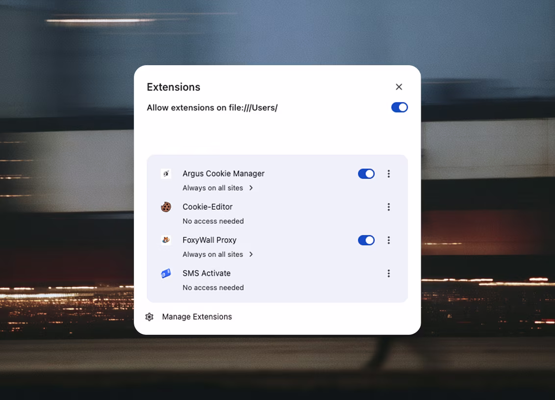 Chrome's own extensions popover inside a launched profile, listing Argus Cookie Manager, Cookie-Editor, FoxyWall Proxy and SMS Activate.