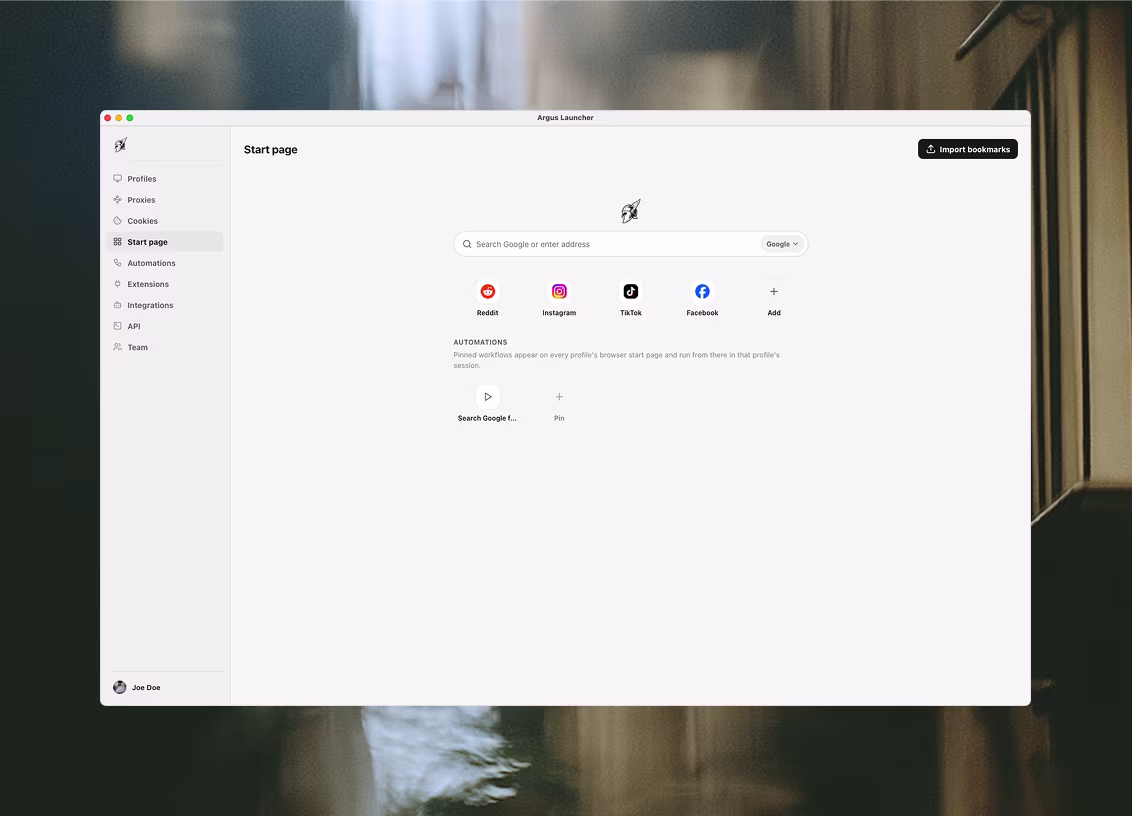 The start page editor in the launcher: a search box, bookmark tiles, and an automations strip of pinned workflows that appear on every profile's browser start page.